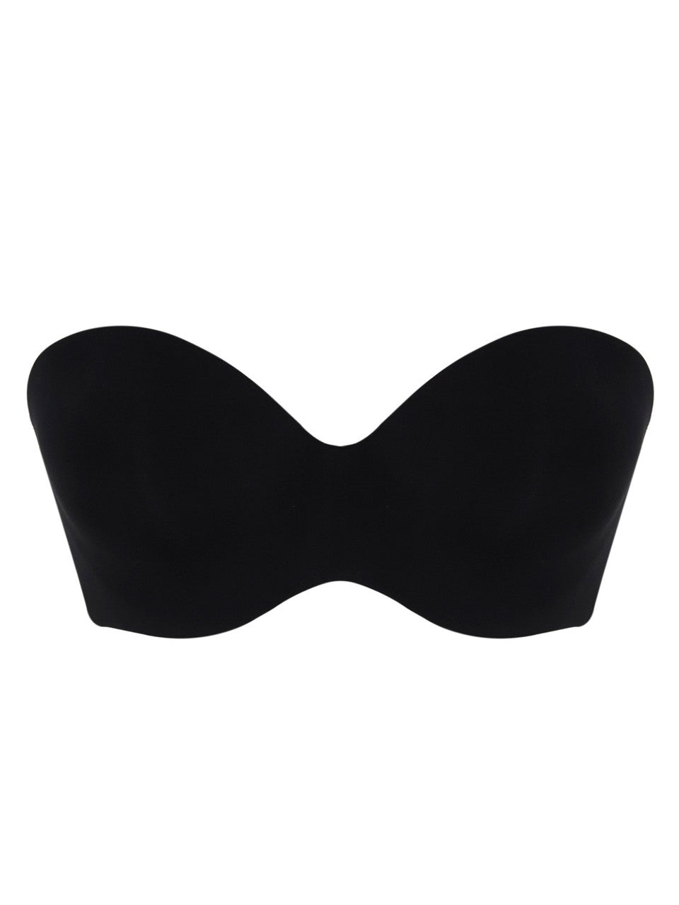 Black strapless bra on a white background