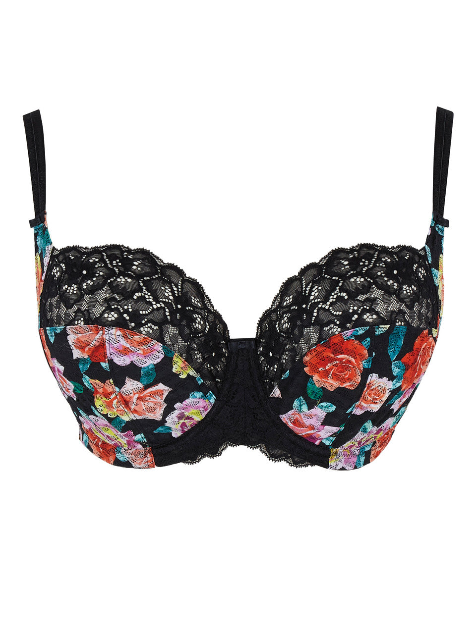 Black lace underwire bra with a vibrant multicolor floral print on the cups and thin black shoulder straps, shown against a plain white background.
