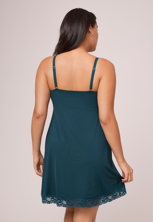 Full Bust Support Chemise in Deep Spruce worn by model back view