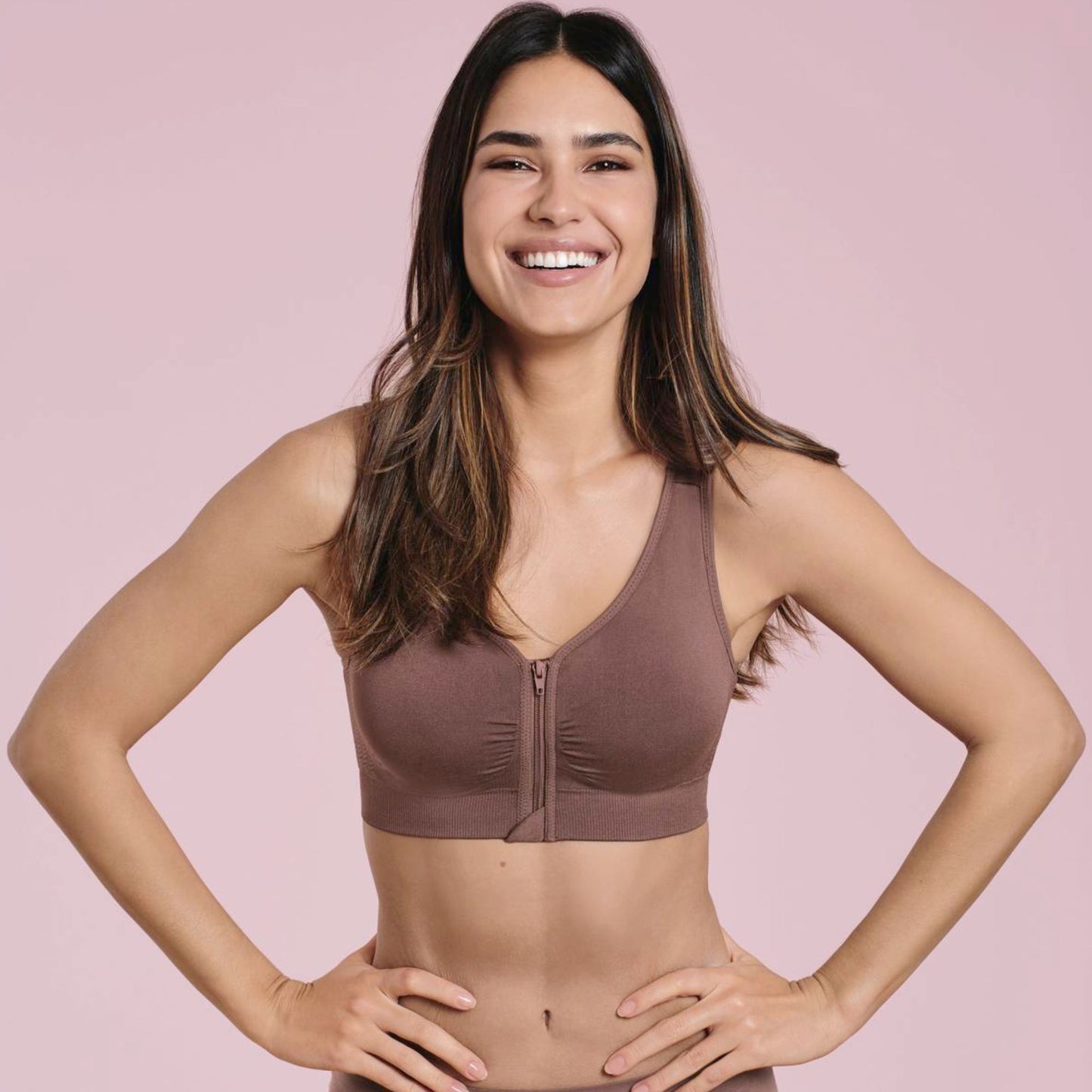 Lynn Front Closure Wireless Bra - Berry worn by model front view