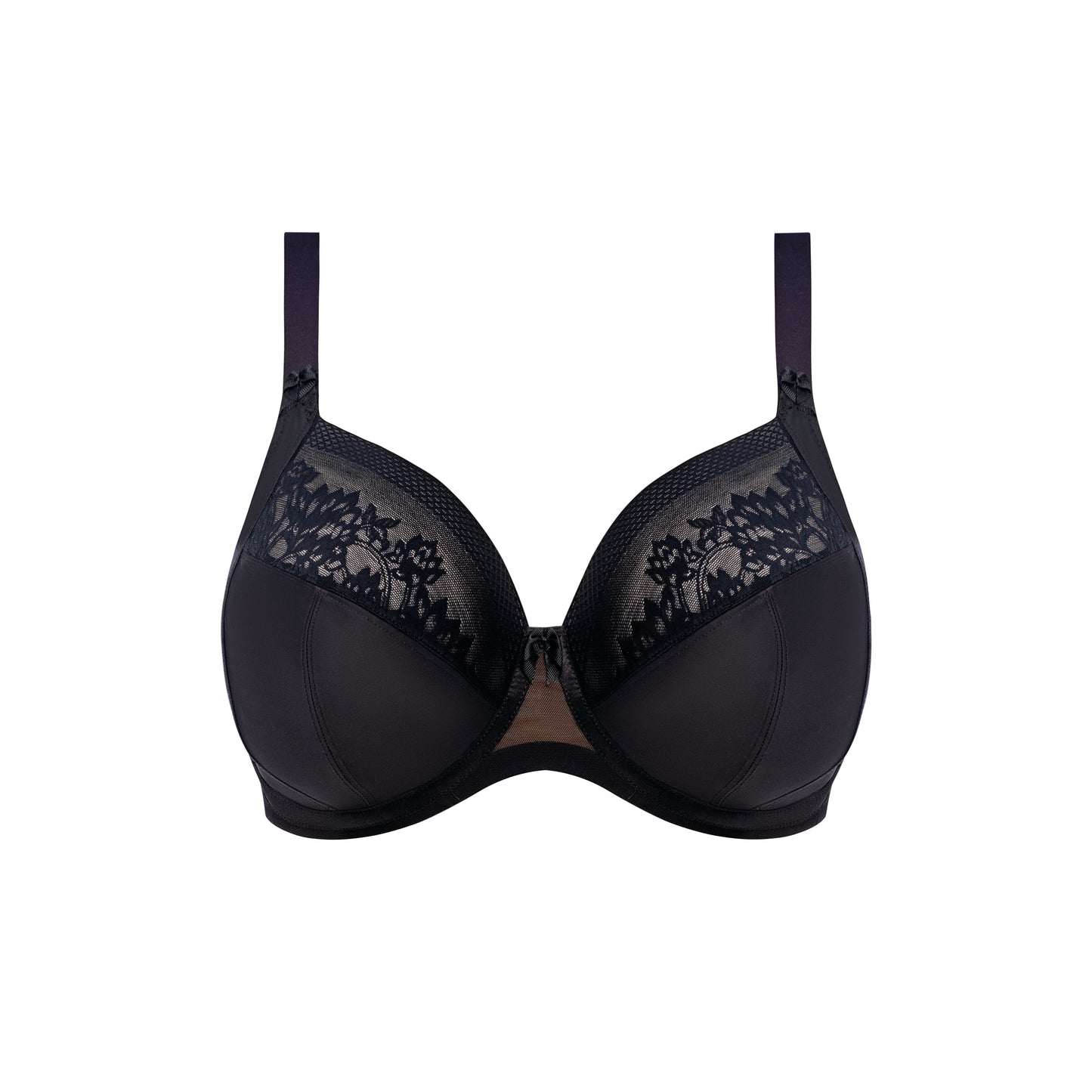 Black bra with floral lace details on a white background