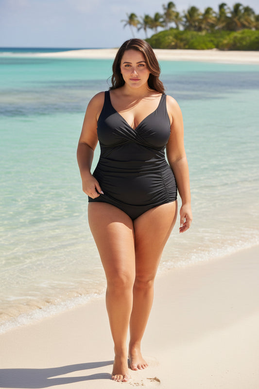 Woman wearing a black swimsuit on a white background