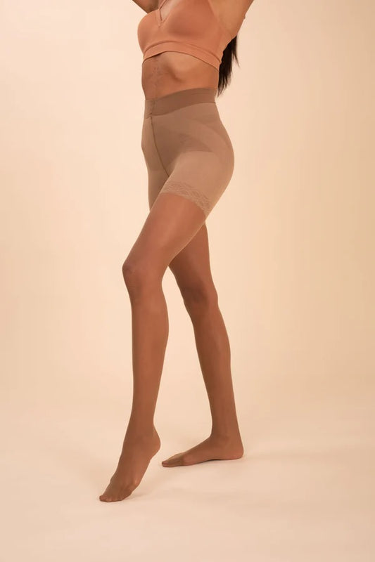 Sheer Contour Tights - Caramel worn by model front view