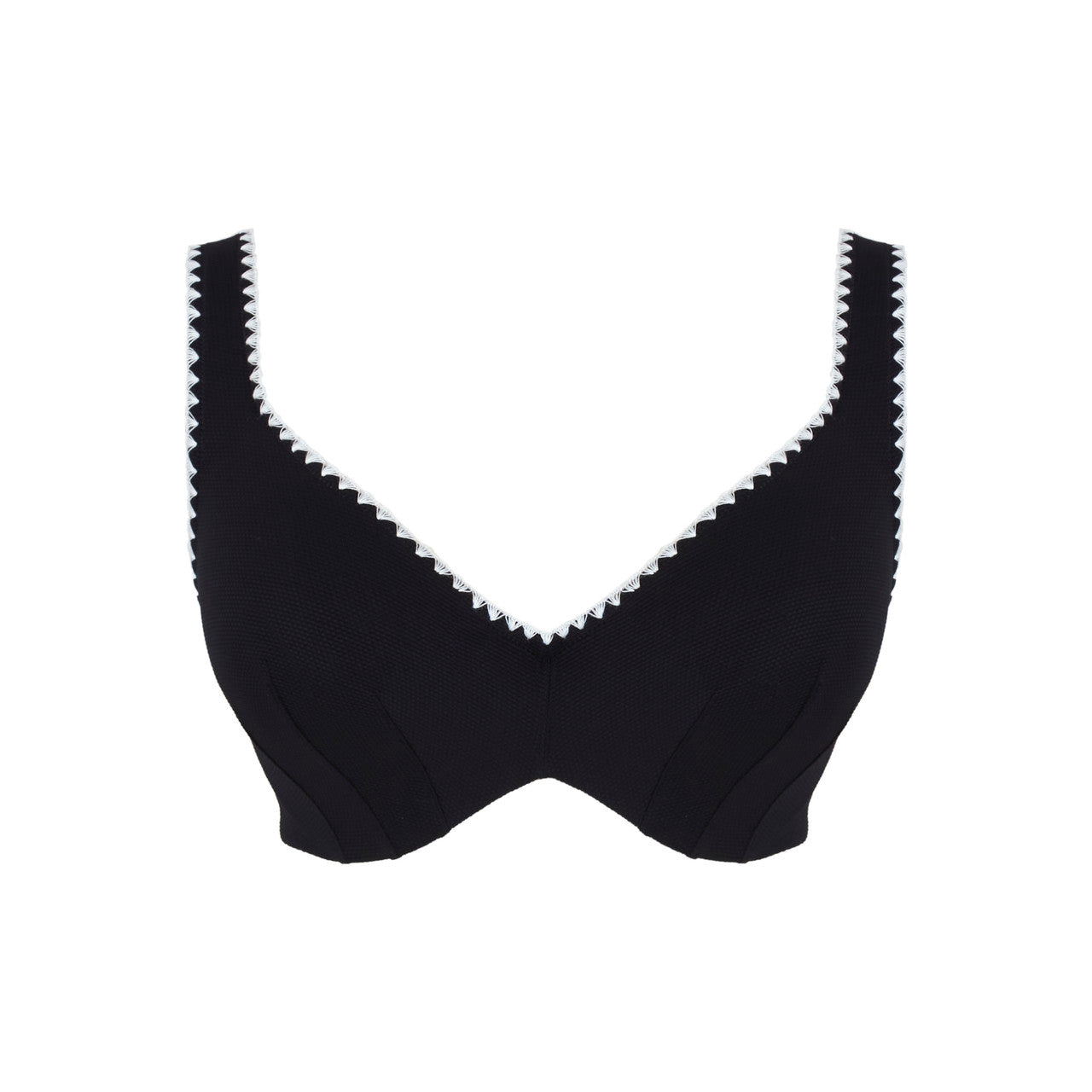 Black bra with white lace trim on a white background