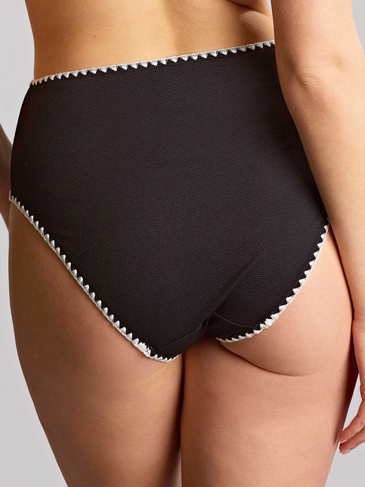 Black high-waisted bikini bottom with white trim on a neutral background