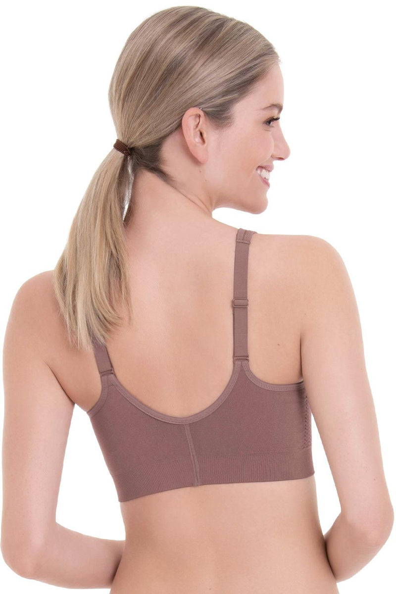 Lynn Front Closure Wireless Bra - Berry worn by model back view