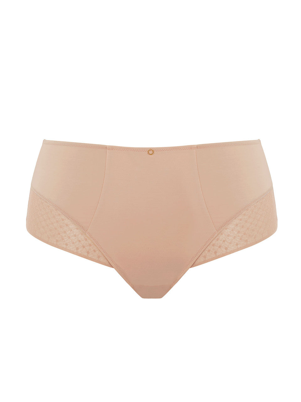 Bliss Deep Brief in beige with sheer side panels and a small ring detail, shown flat