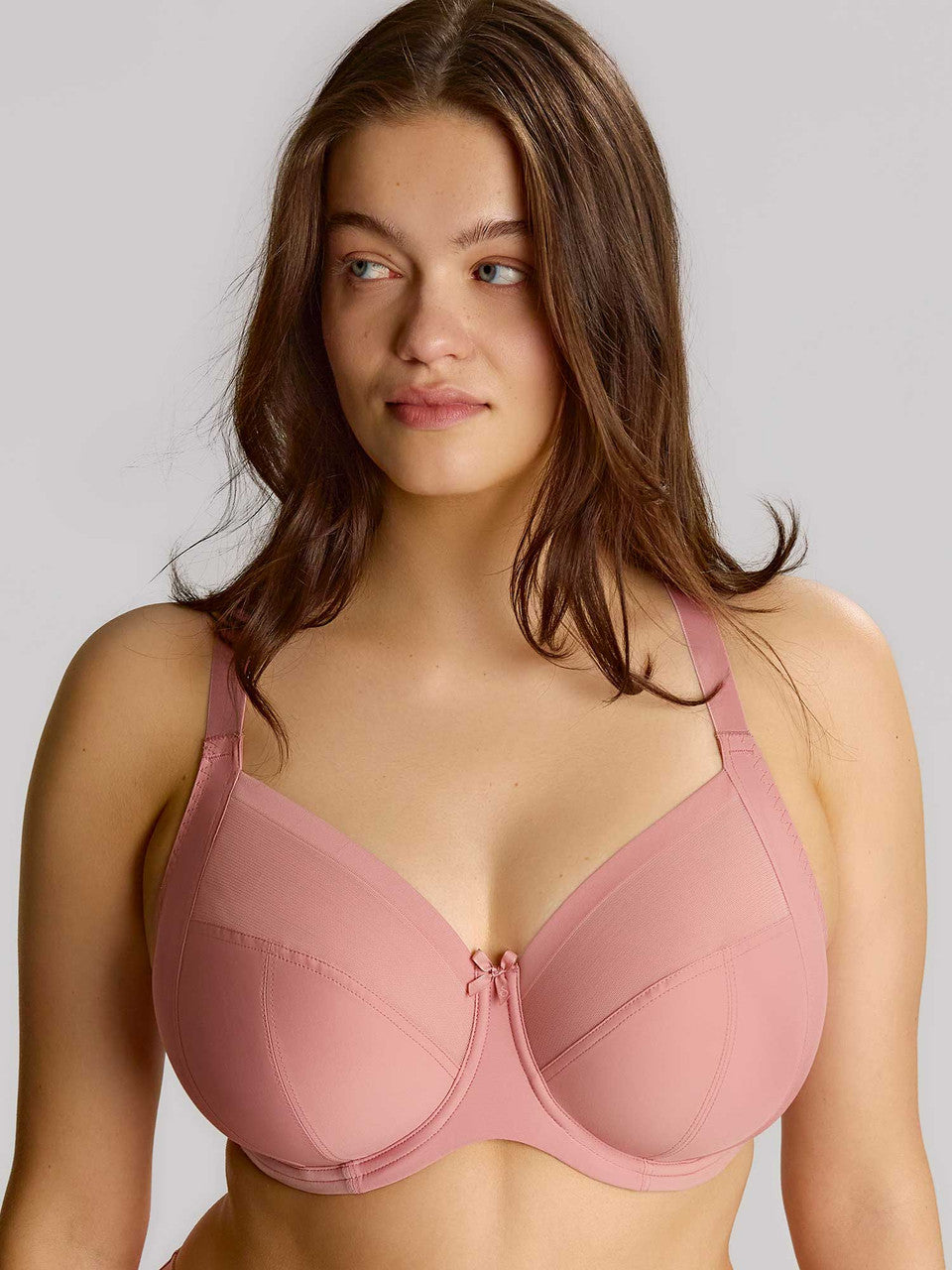 Model wearing Bliss in Rose Pink bra front view