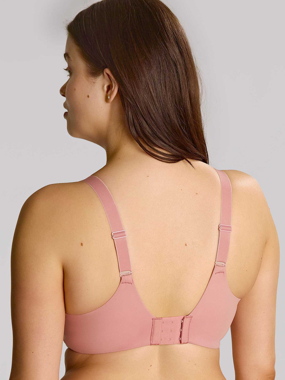 Model wearing Bliss in Rose Pink bra back view