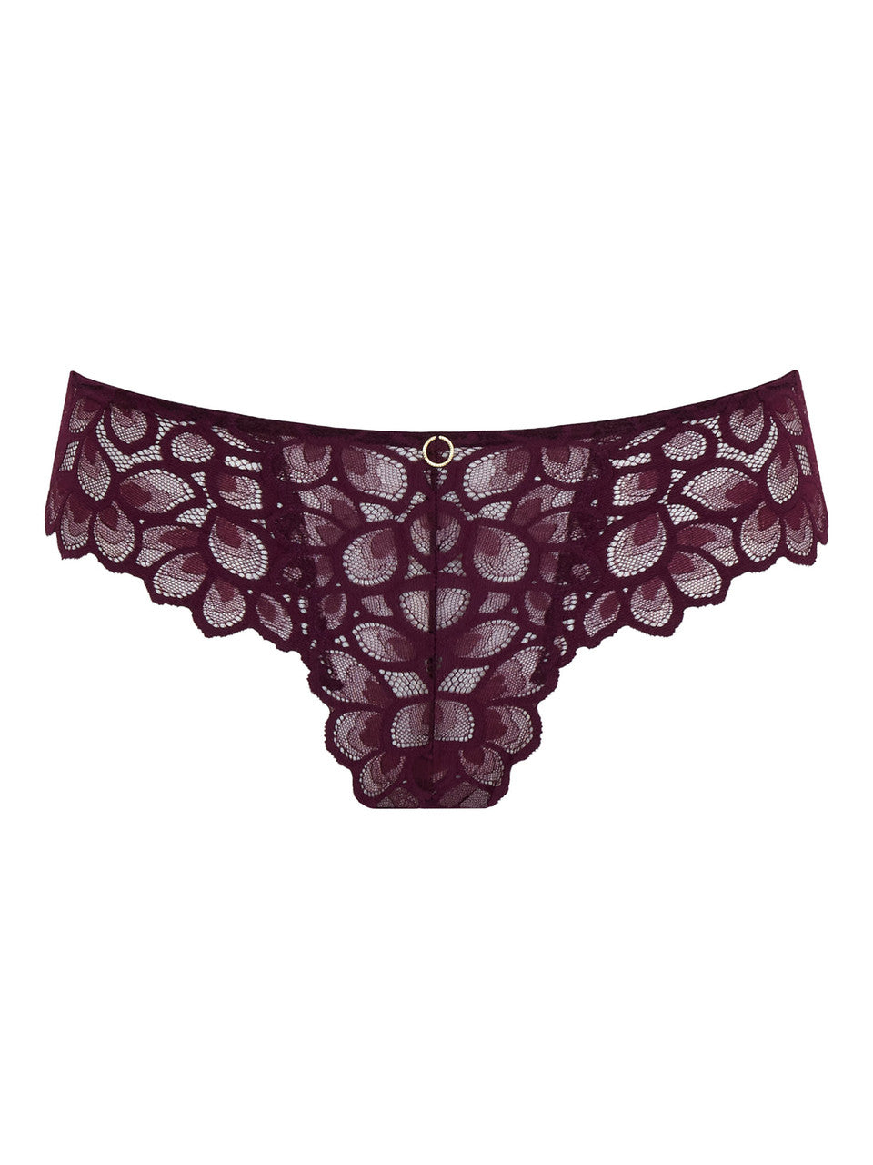 A pair of women's lace panties in a deep plum color.
