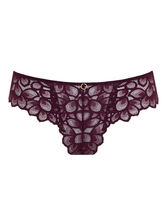 A pair of women's lace panties in a deep plum color.