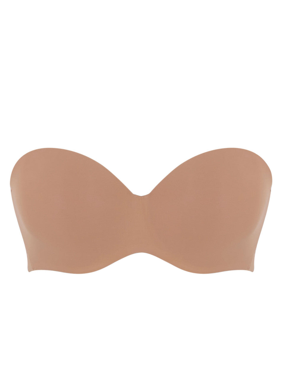 Beige strapless bra on a white background