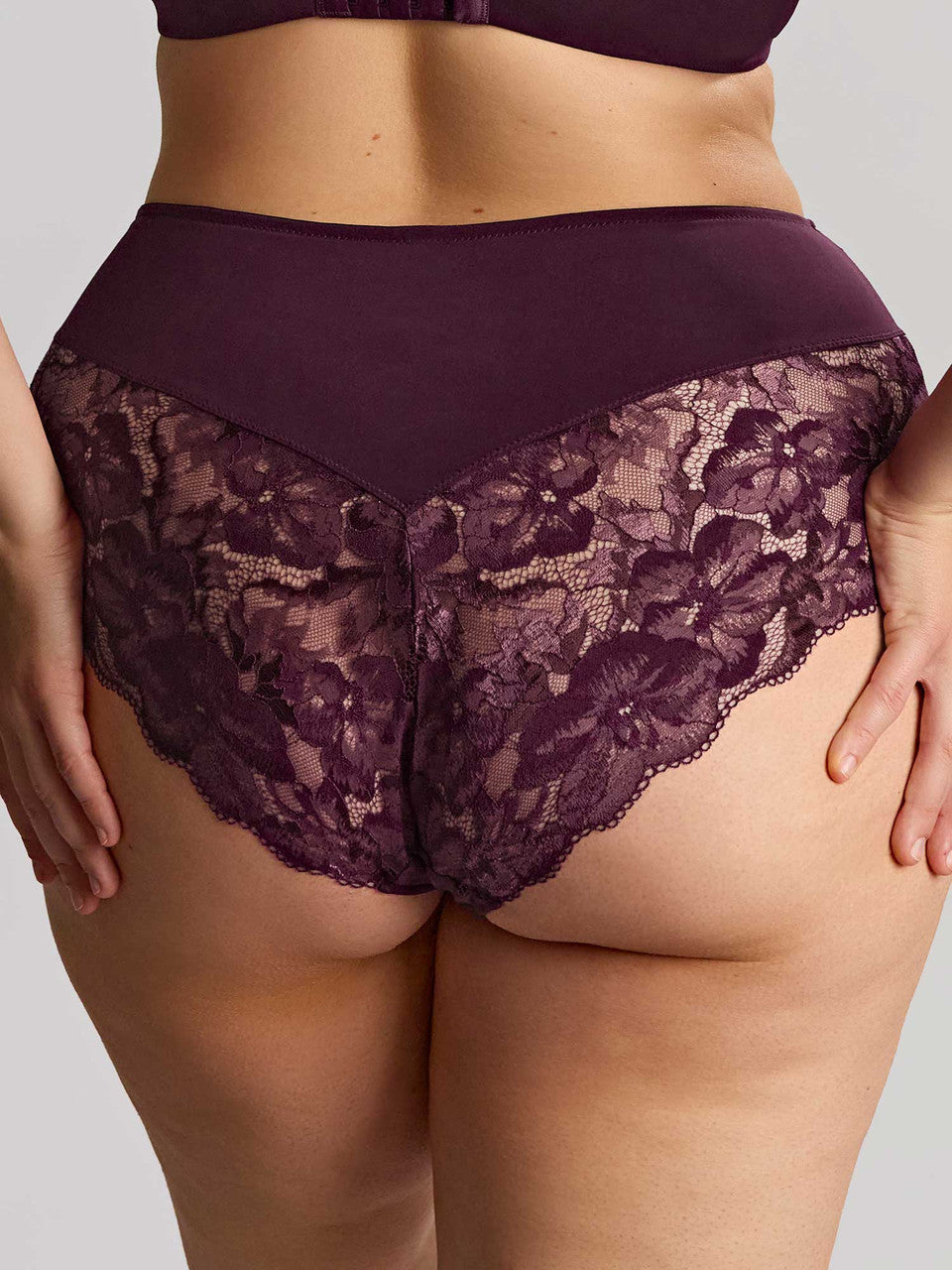 Model wearing high-waisted plum lace panties shown against a light gray studio background.