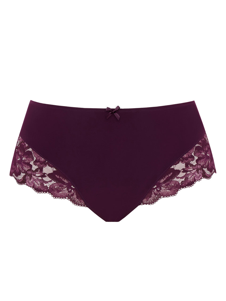 A pair of women's high-waisted briefs in deep plum purple, displayed on a solid white background.