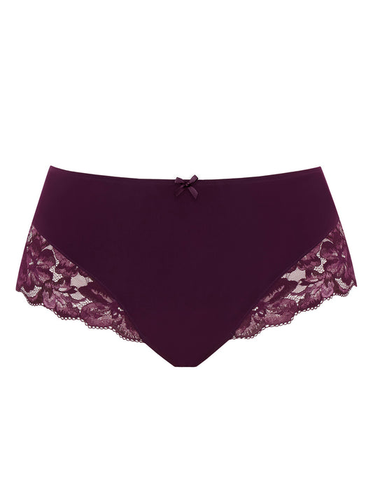 A pair of women's high-waisted briefs in deep plum purple, displayed on a solid white background.
