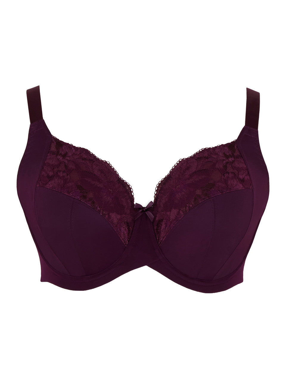 A dark purple underwire bra with matching lace cups, shown against a plain white background.