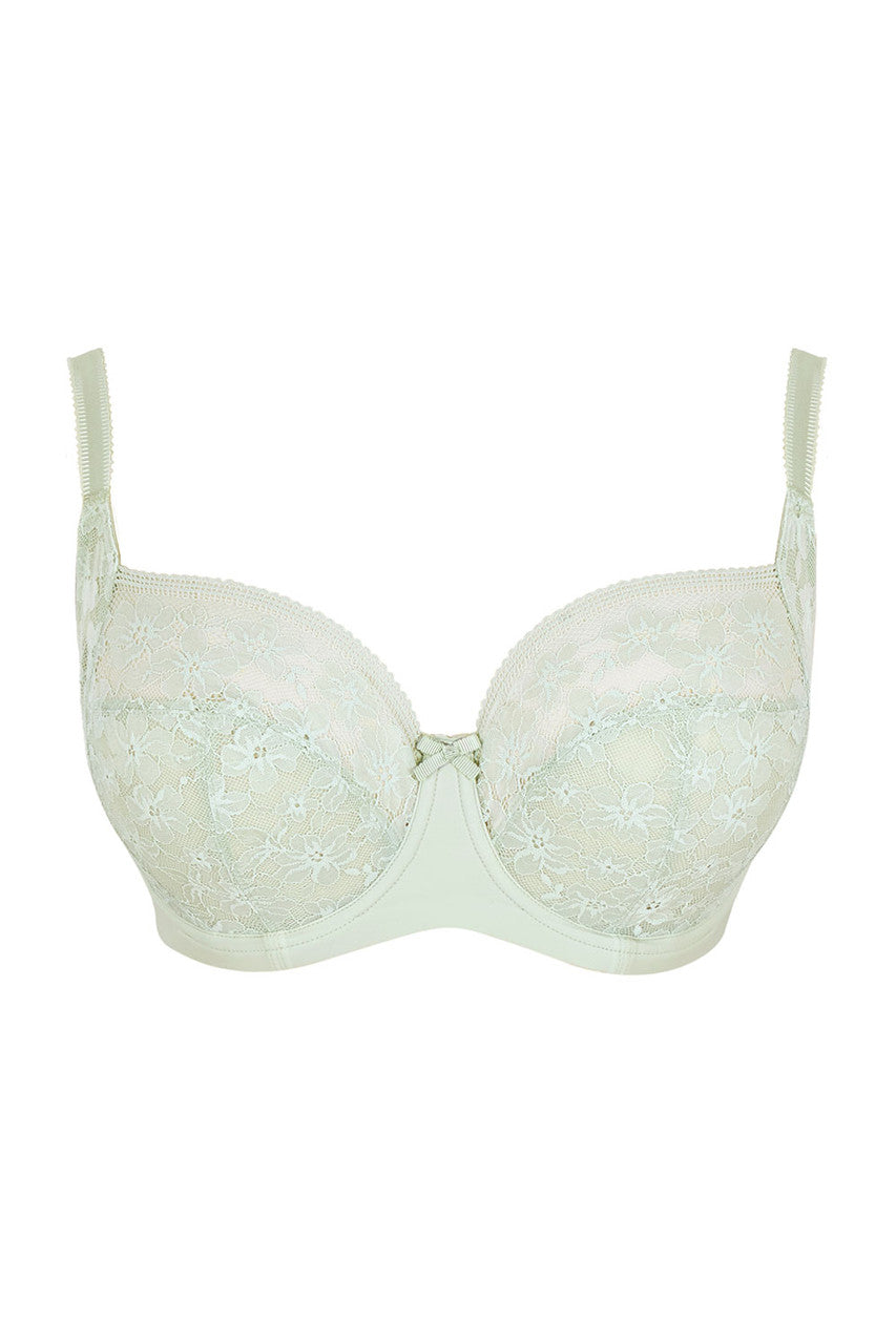 Light green bra with lace details on a white background