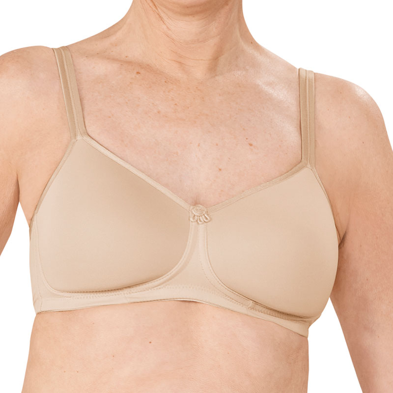 Mara Wireless Pocketed Bra - Light Sand worn by model front view