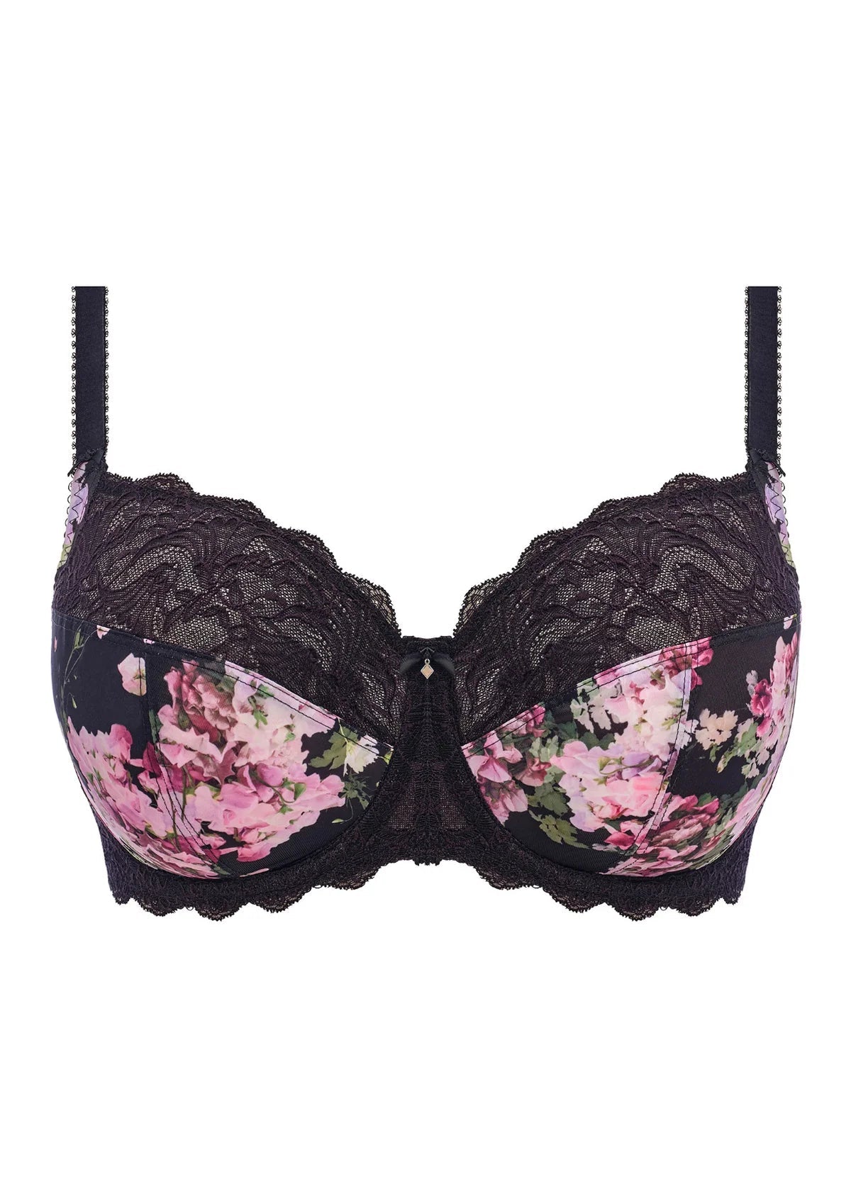 Lucia Underwire Side Support Bra in Sweet Pea, with pink floral print and dark lace, shown flat from the front