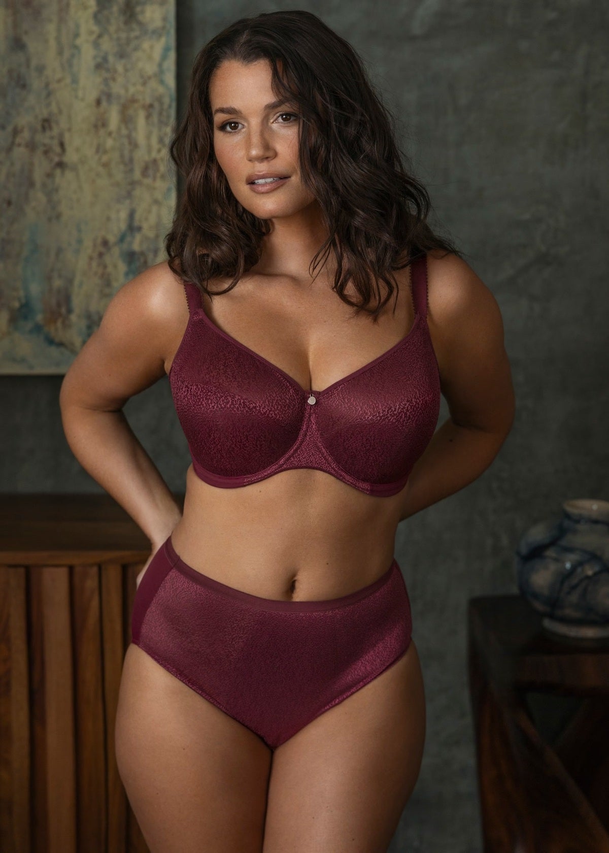 Demure UW Molded Non Padded Bra in Fig worn by model front view lifestyle image