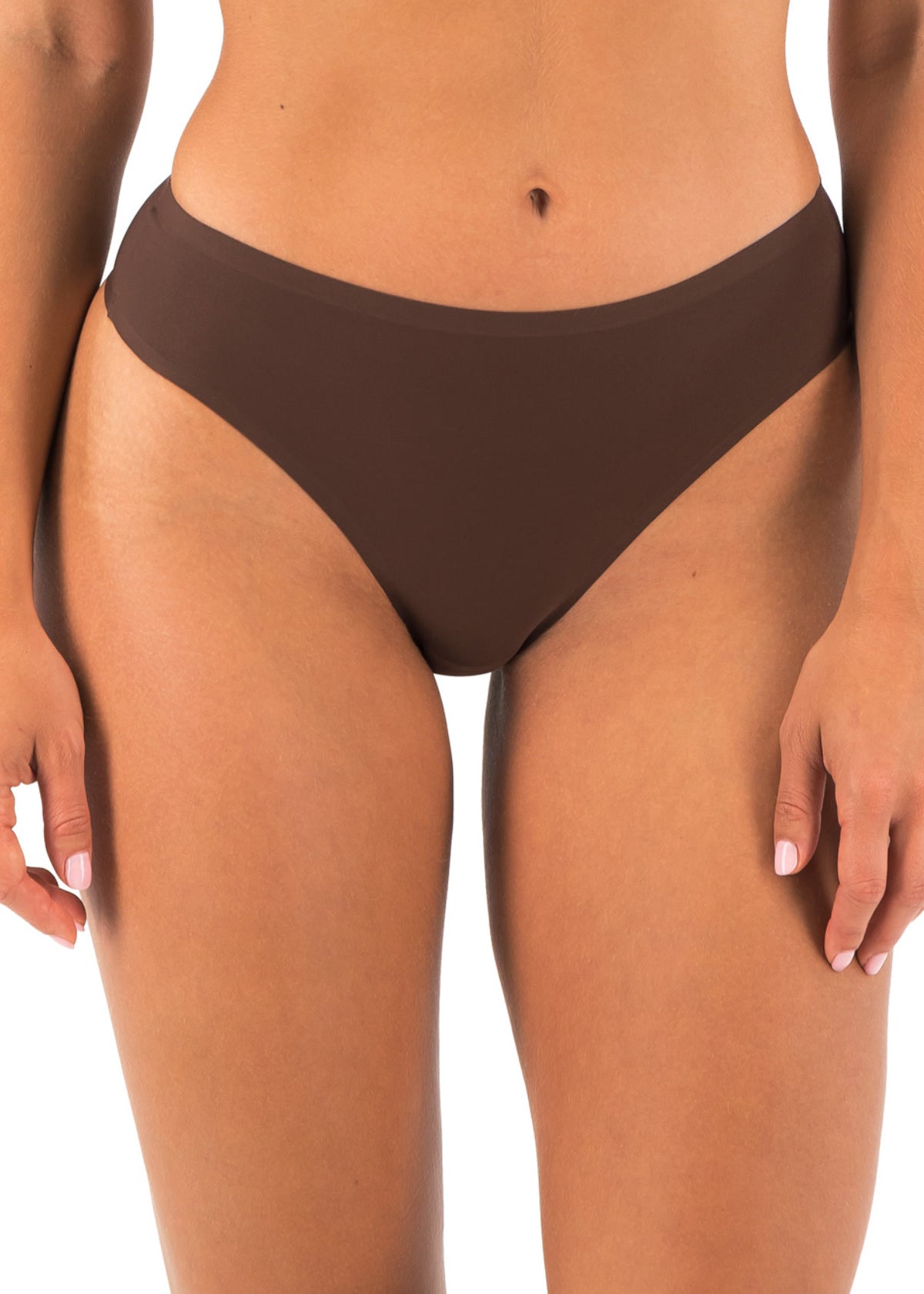 Smoothease Invisible Stretch Thong Coffee Roast worn by model front view