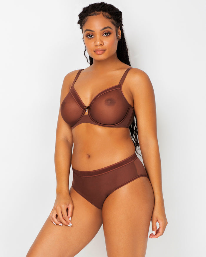 Sheer Mesh Unlined Bra - Chocolate Nude worn by model front view