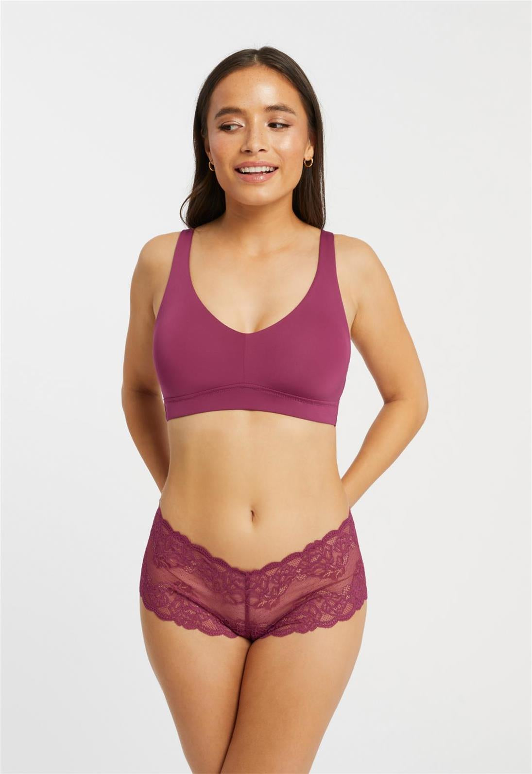 Lace Cheeky Panty in Cranberry worn by model front view