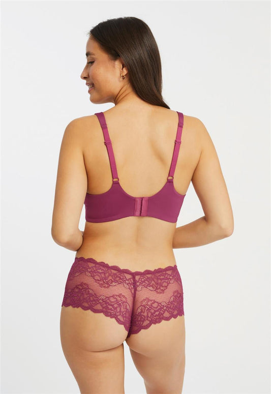 Lace Cheeky Panty in Cranberry worn by model back view