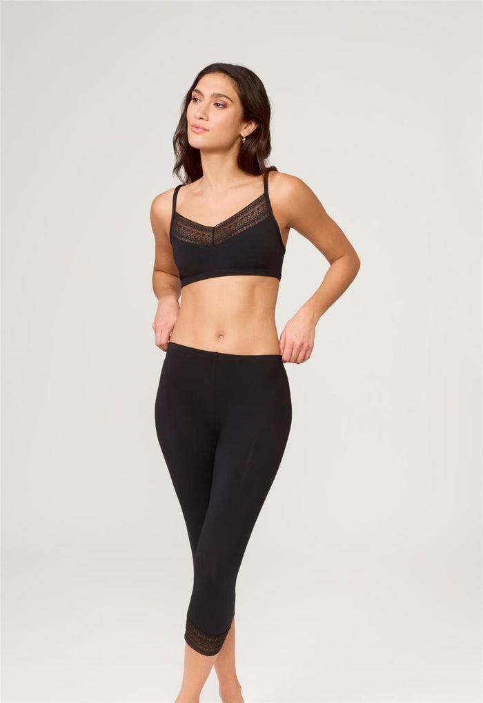 Bodybliss Bralette and Capri in Black worn by model front view 
