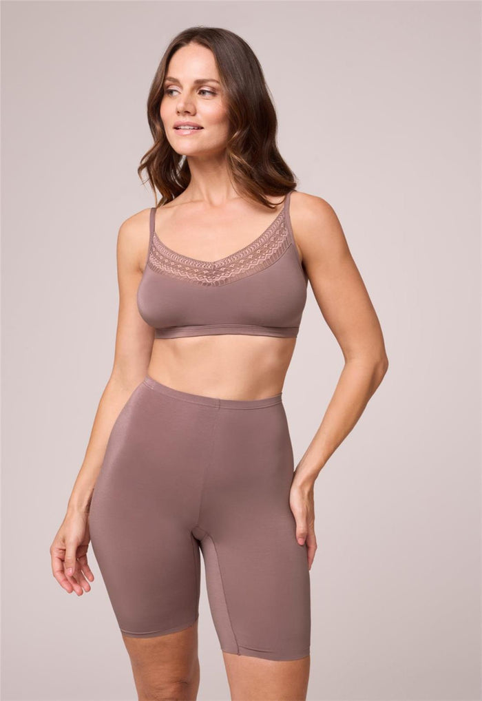Bodybliss Bralette and Biker Short in Cappuccino worn by model front view 