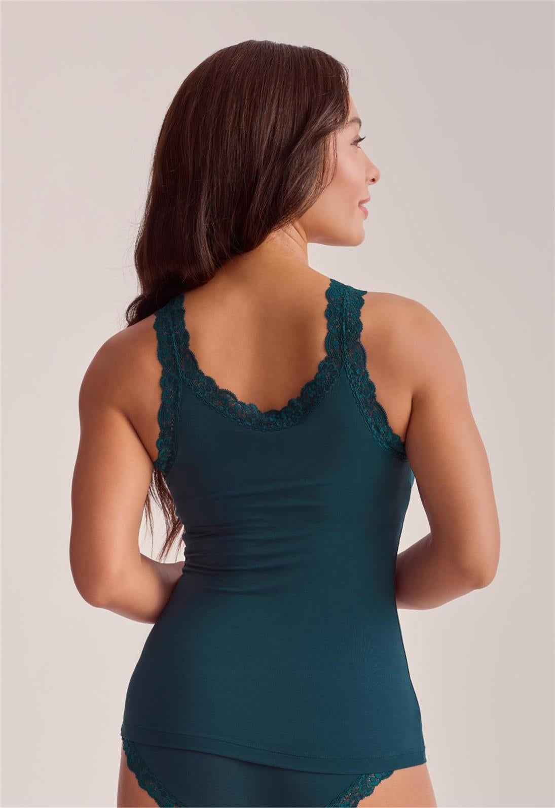 Back view of the Fleur't Iconic Cami in Deep Spruce, showing wide lace straps and lace-trimmed neckline