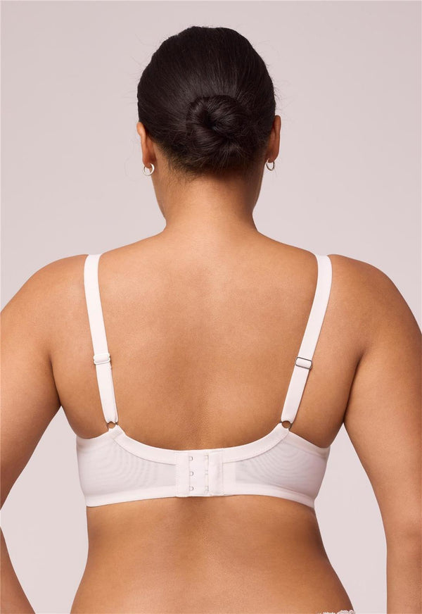 Sublime Spacer Bra by Montelle in Chantilly worn by model in back view.