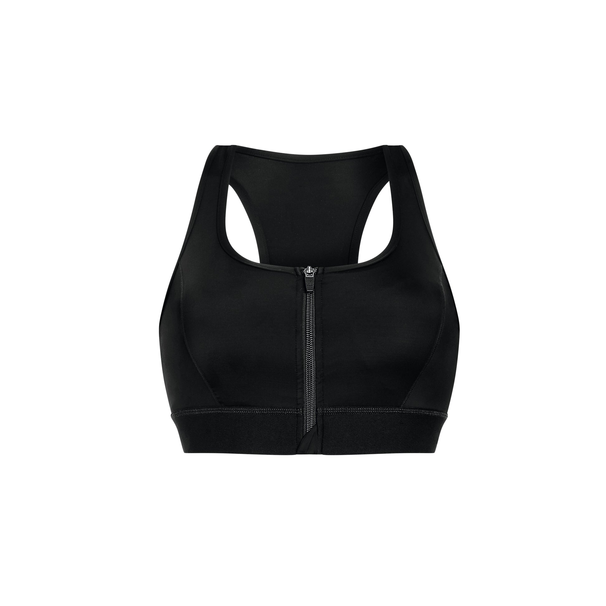 Zipper Pocketed Sports Bra in Black front view product image