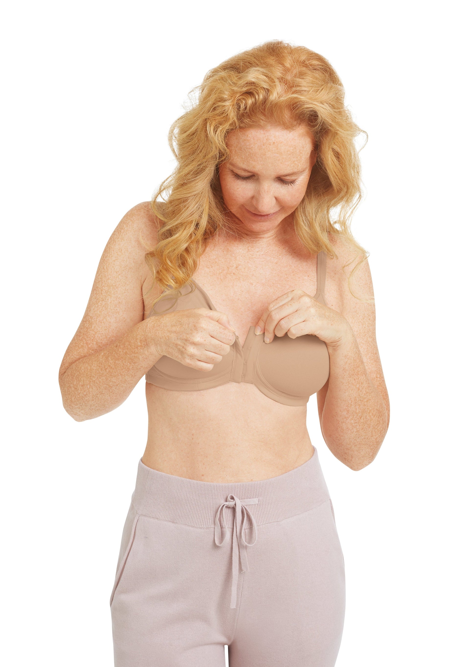 Model demonstrating the Mara front closure pocketed bra