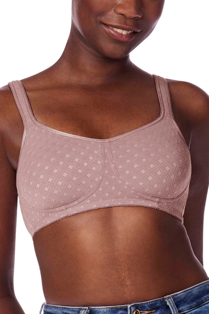 Tiana Wireless Pocketed bra in Mauve worn by model front view