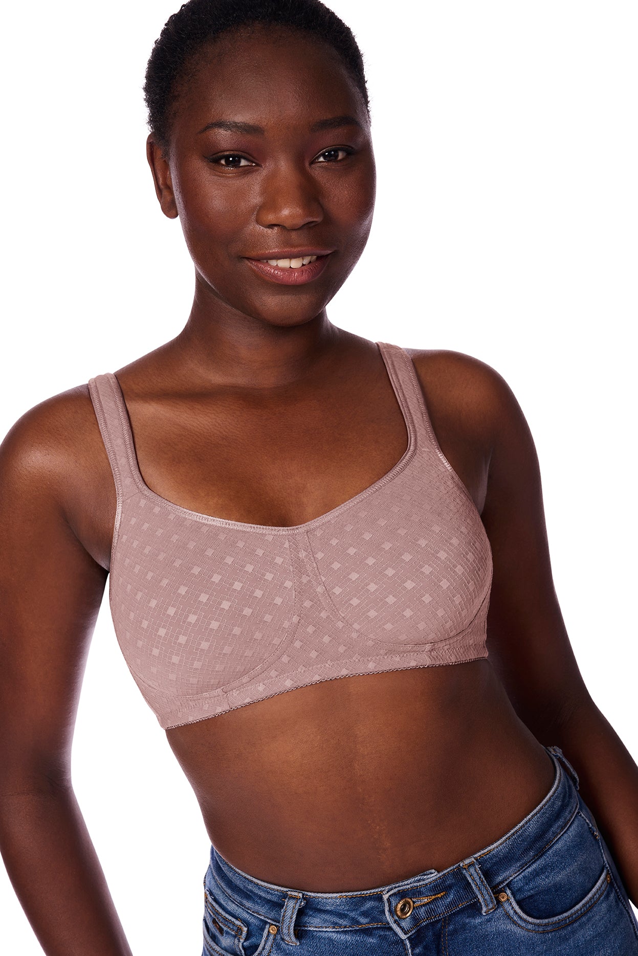 Tiana Wireless Pocketed Bra in Mauve worn by model front view image