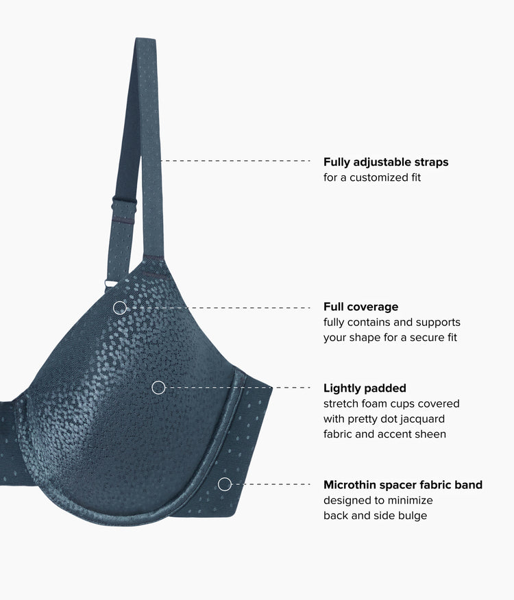 Gray bra with adjustable straps and padding details on a white background