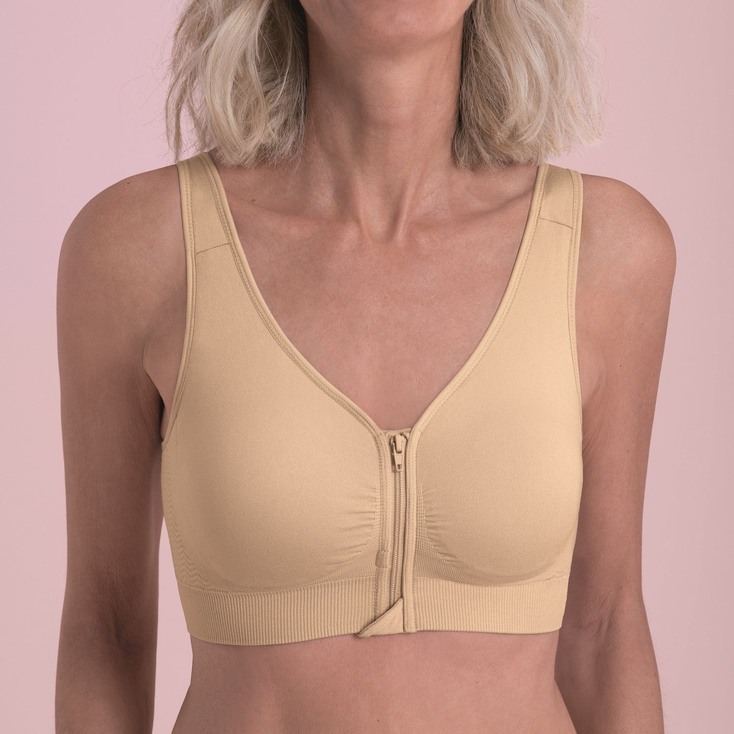Lynn Front Closure Wireless Bra - Sand worn by model front view