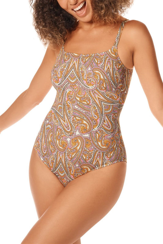 Marrakech One-Piece Swimsuit - Paisley Print worn by model front view