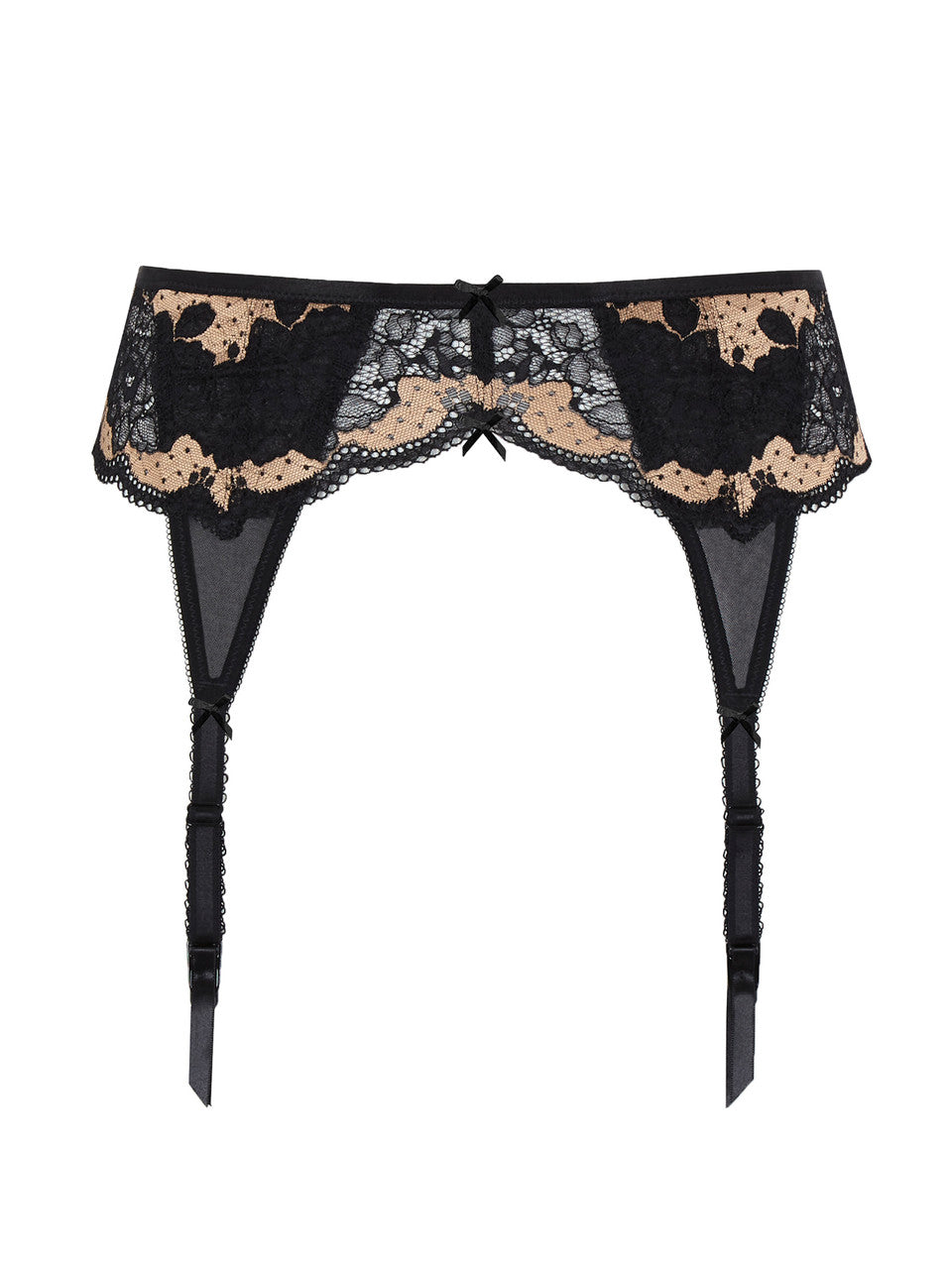 Black lace garter belt with gold floral lace inserts and long black garter straps, shown flat against a white background.