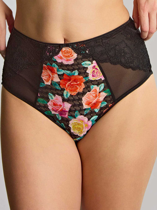 Black lace and mesh panties with a colorful floral print on the front panel, shown on a model.