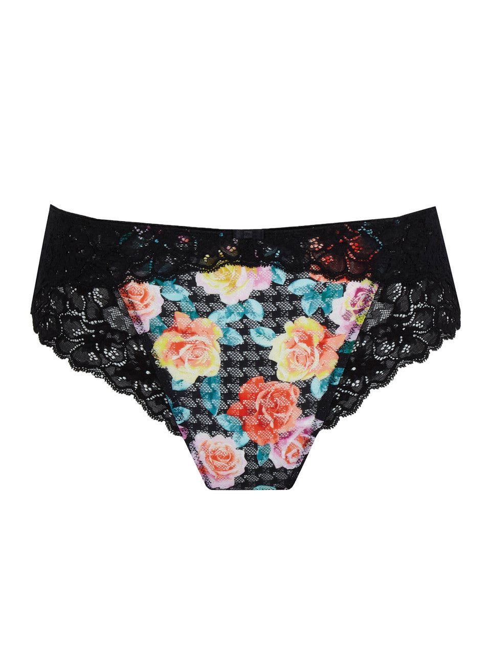 Black lace panties featuring a vibrant multicolor floral print on the front panel.