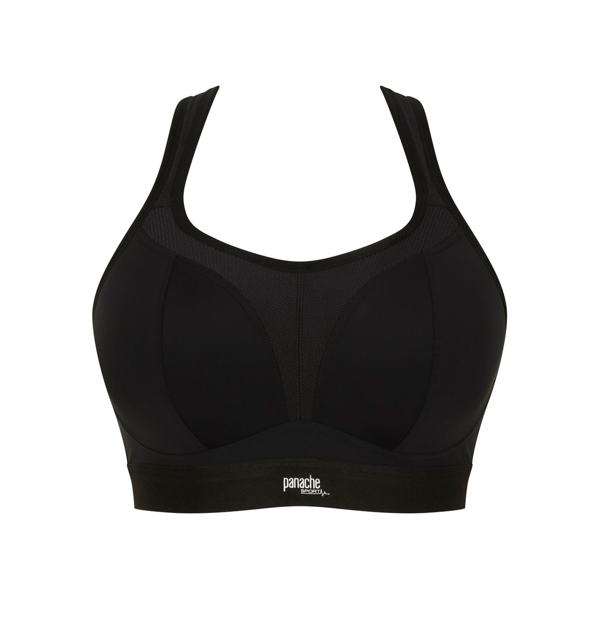 Black sports bra with 'panache' branding on a white background