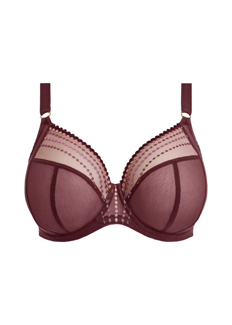 Maroon bra with lace details on a white background