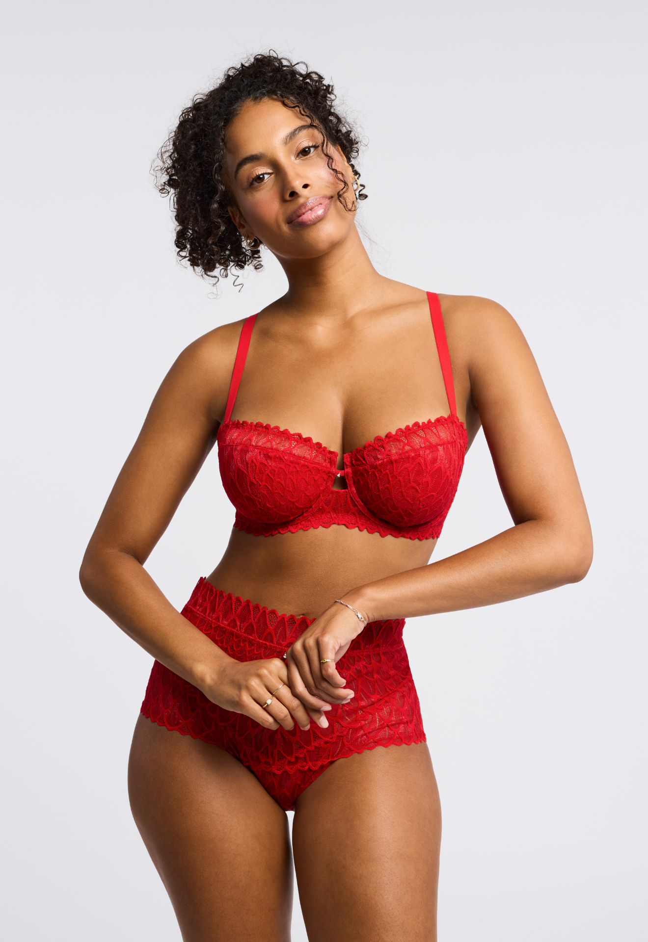 Lacy High Waist Brief - Sweet Red worn by model front view