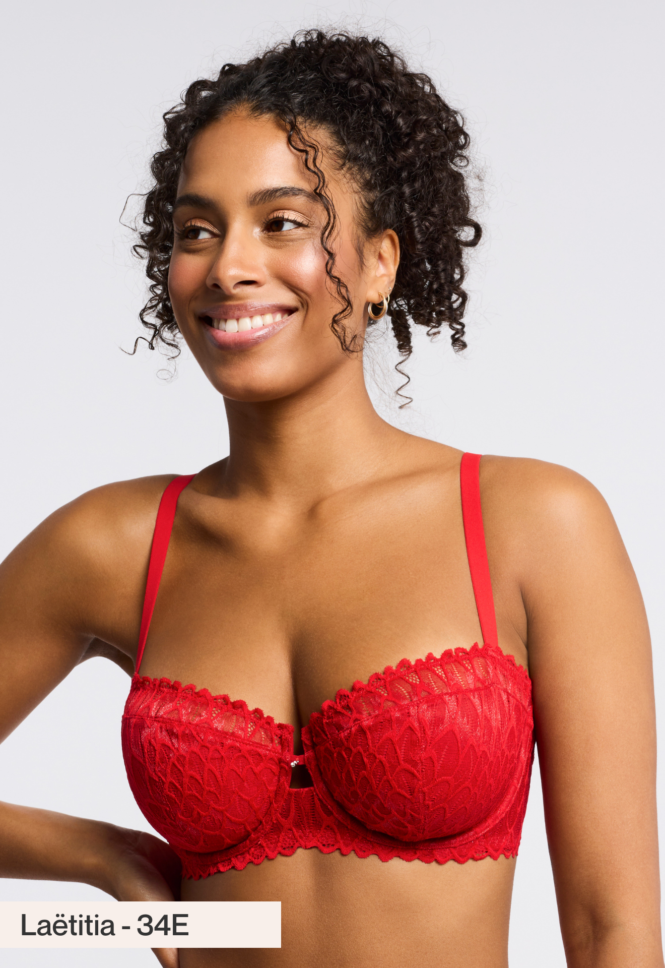 Lacy Keyhole Balconette Bra Sweet Red worn by model front view