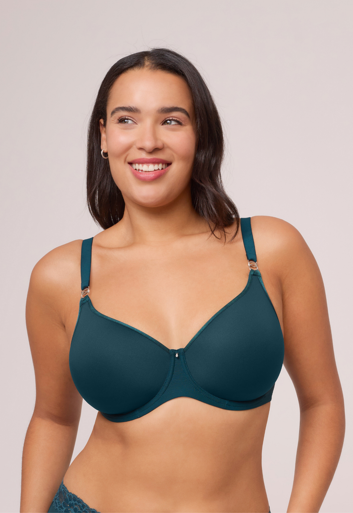 Sublime Spacer T-Shirt Bra in Deep Spruce on a model, showing smooth cups and a small centre charm.