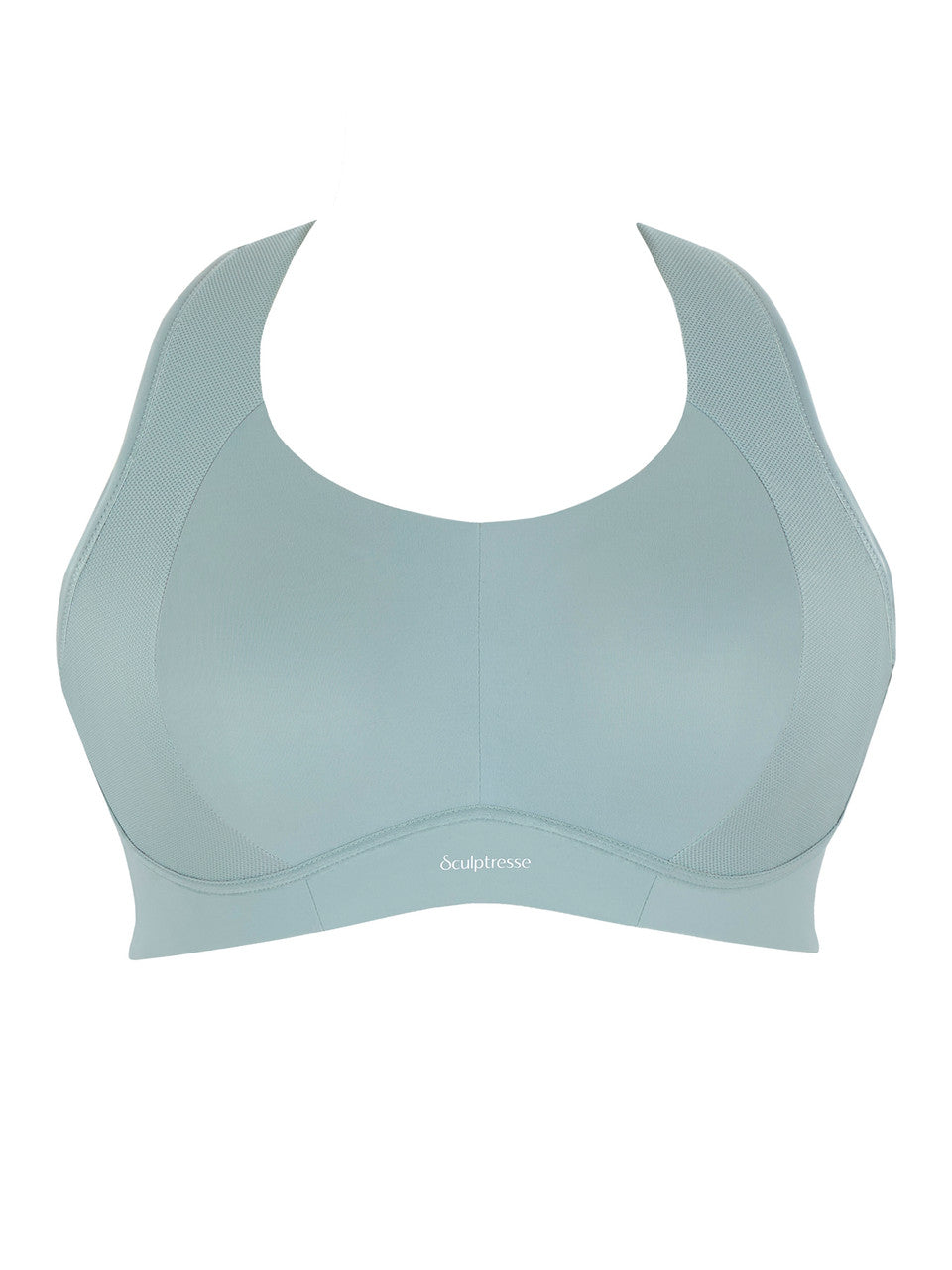 Product shot of a pale green sports bra with J-Hook clipped