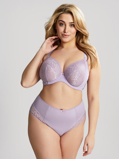 Model shows Roxie Plunge Bra and High Waist Roxie Brief in Lilac.