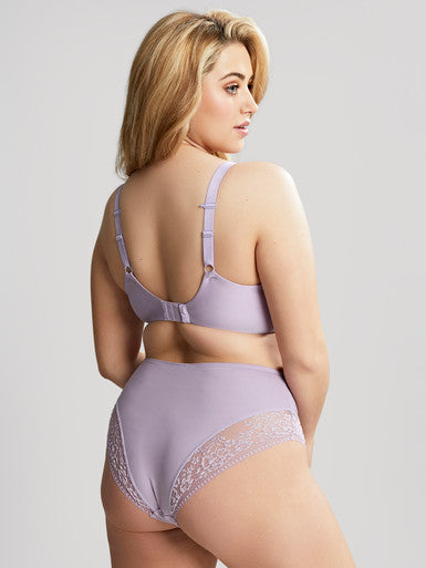 Model shows Roxie Plunge Bra and High Waist Roxie Brief in Lilac. Back View.